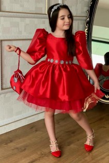 Girl Clothing - Girl's Waist Glittery Flower Detailed and Bag Watermelon Sleeve Red Evening Dress 100327341 - Turkey