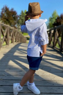 Boy's Hooded Shirt Button Detailed Blue Denim Shorts Suit 100328414