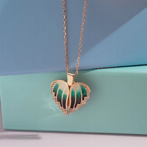 Necklace - Green Enamel Drop Heart Model Name Sterling Silver Necklace 100349866 - Turkey