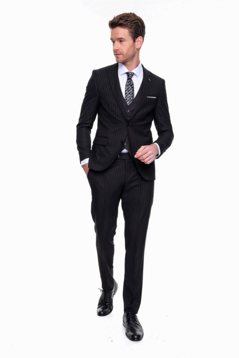 Suit - Men's Black Martez Striped Slim Fit Slim Fit Vest 6 Drop Suit 100350589 - Turkey