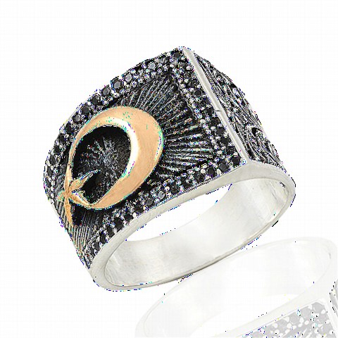 Black Zircon Stone Moon Star Motif Sterling Silver Men's Ring 100349083