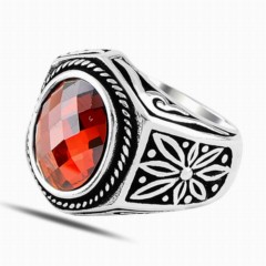 Red Zircon Stone Side Flower Patterned Sterling Silver Ring 100347846