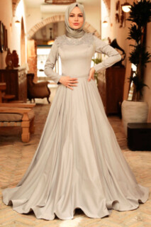 Evening & Party Dresses - Grey Hijab Evening Dress 100340723 - Turkey