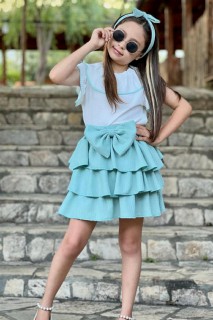 Girls Ruffle Collar Layered Front Bow Detailed Water Green Skirt Suit 100328532