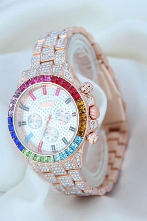 Trend Rose Metal Band Zircon Stone Plated Colorful Stone Case Design Luxury Women's Wristwatch 100326516