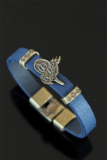 Bracelet - Tumbled Metal Ottoman Monogram Navy Blue Leather Men's Bracelet 100327894 - Turkey