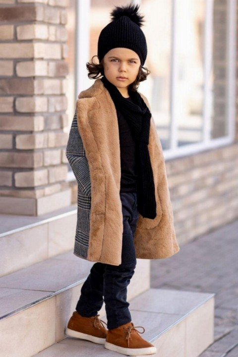 Boys Pompom Beret Brown Fur Coat 100326960