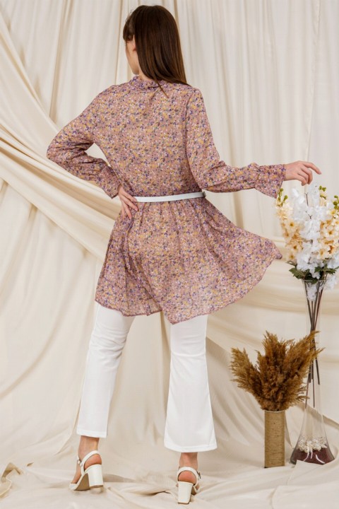 Women's Floral Patterned Belt Detailed Wide Cut Tunic 100326112