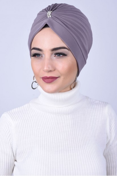 Woman Bonnet & Hijab - Middle Stone Jeweled Bone Mink 100284916 - Turkey