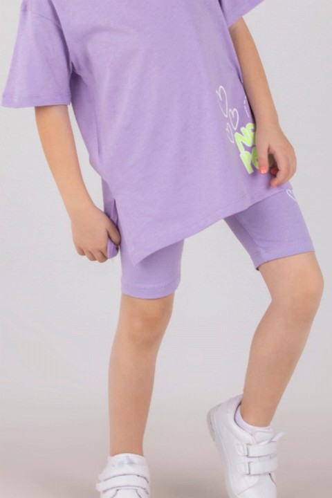 Girl Boy New Post Heart Printed Lilac Shorts Set With Elastic Waist 100327250
