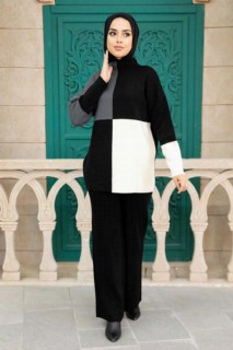 Black Hijab Knitwear Double Suit 100345006