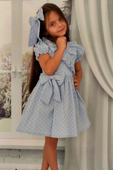 Girl's V Neck Ruffled Lace Embroidered Skirt and Fluffy Tulle Blue Dress 100327370