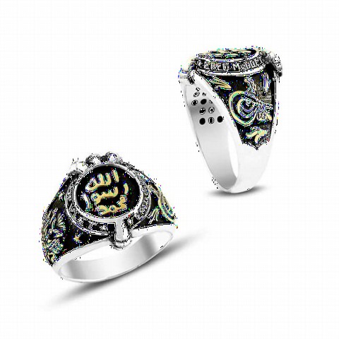 Oval Seal Şerif Ottoman Coat of Arms Patterned Silver Men's Ring 100348973