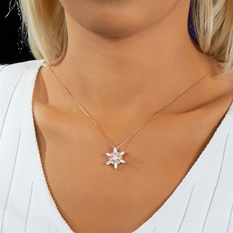 Opal Stone Wind Flower Model Silver Necklace Rose 100350092