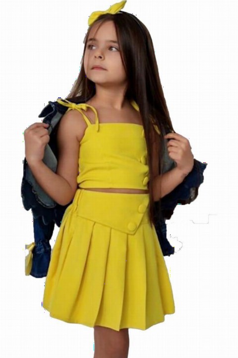 Outwear - Boys' Pink Jean Jacket with Buttons and 4 Pieces Yellow Skirt Suit with Rope Straps 100327398 - Turkey