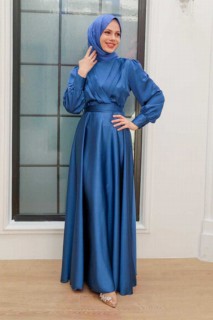 Wedding & Evening - İndigo Blue Hijab Evening Dress 100340031 - Turkey