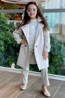 Coat, Trench Coat - Trench-coat en gabardine avec ceinture à la taille pour fille, ensemble pantalon et chemisier beige 100327389 - Turkey