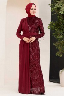 Woman - Dark Claret Red Hijab Evening Dress 100338019 - Turkey