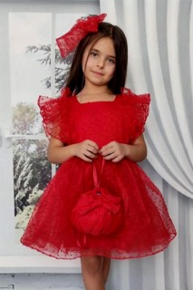 Girl's Sleeves Ruffled Skirt Fluffy Tulle and Glitter Embroidered Bag Red Evening Dress 100327362