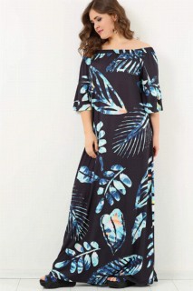 Long evening dress - Young Large Size Adjustable Collar Leaf Pattern Dress Black 100276286 - Turkey
