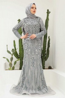Woman - Grey Hijab Evening Dress 100339838 - Turkey