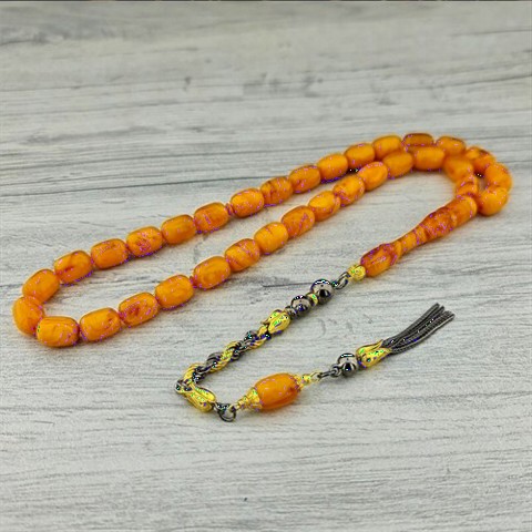 Knitted Silver Tasseled Capsule Cut Fire Amber Rosary 100350426