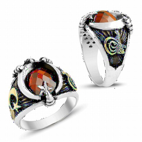 Clawed Moon and Star Model Stone Sterling Silver Men's Ring 100349066