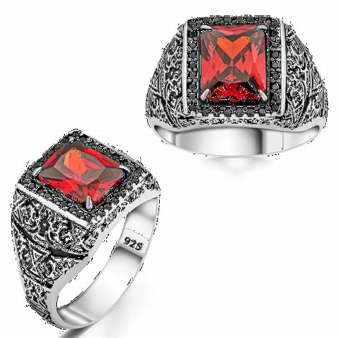 Zircon Stone Rings - Pattern Embroidered Red Zircon Stone Sterling Silver Ring 100350234 - Turkey