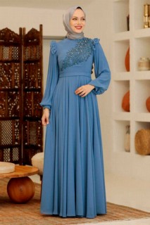 İndigo Blue Hijab Evening Dress 100339317