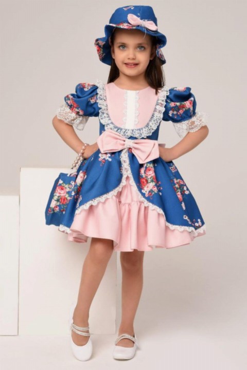 Girl French Lace Embroidered Front Blue Dress With Bow And Flower Printed Bag And Hat 100327277