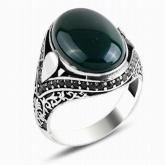 Agate Stone Rings - Sequential Zircon Stone Green Agate Ottoman Patterned Silver Men's Ring 100348034 - Turkey
