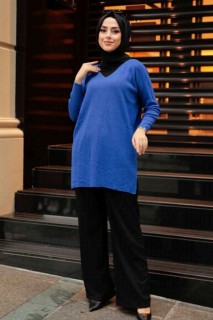 Woman - Sax Blue Hijab Knitwear Tunic 100344993 - Turkey