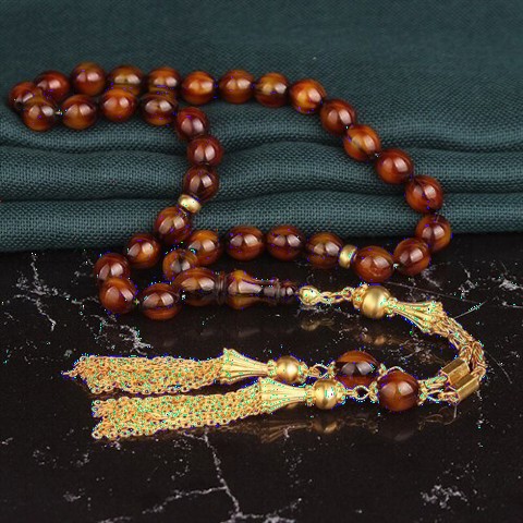 Men - Gold Plated Silver Tasseled Spinning Amber Rosary 100349441 - Turkey