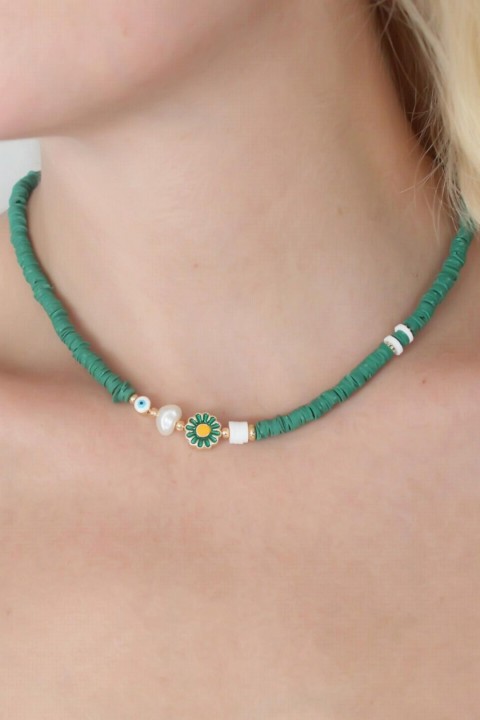Necklaces - Green Bead Flower Figure Heart Detail Women's Necklace 100327942 - Turkey