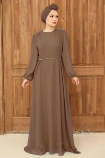 Woman - Biscuit Hijab Evening Dress 100339718 - Turkey