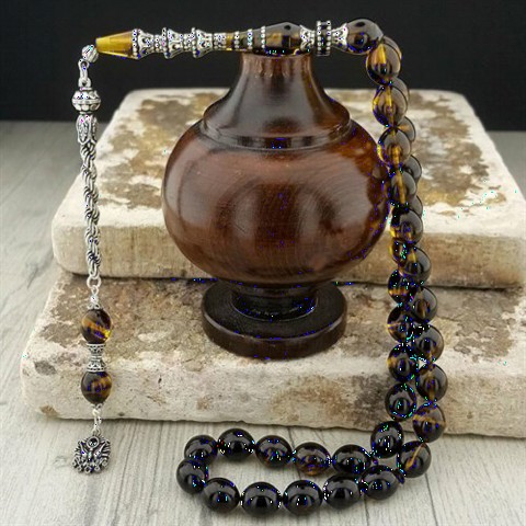 Black and Honey Yellow Fire Amber Silver Tasseled Rosary 100346574