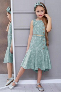 Girl's Front Button Detailed Zippered Guipure Embroidered Water Green Skirt Suit 100328467