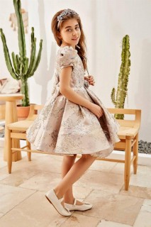 Girl Balloon Sleeve Silvery Flower Embroidered And Bag Powder Evening Dress 100327794