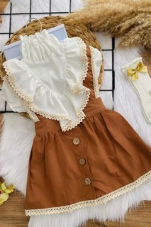 Kids - Girl's Frill Collar Front Buttoned Sock Brown Loaflet Dress 100344723 - Turkey