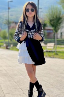 Girl Child Front Tied Crowbar Pattern Double Breasted Collar Black Skirt Suit 100344697