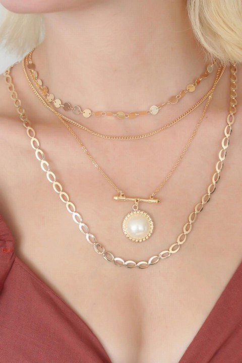Necklaces - Gold Color Chain Pearl Bead Figure Multiple Women's Necklace 100327948 - Turkey