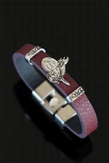 Bracelet - Metal Ottoman Tugra Claret Red Leather Men's Bracelet 100327879 - Turkey
