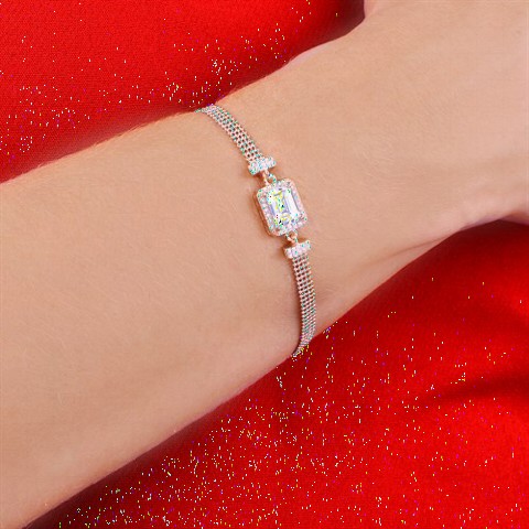 Baguette Stone Detailed Women's Sterling Silver Bracelet Rose 100349649