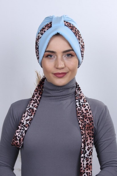 Woman Bonnet & Turban - قبعة وشاح أزرق فاتح - Turkey