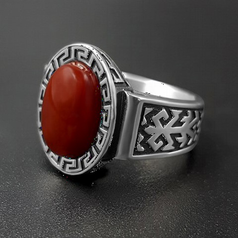 Labyrinth Patterned Red Agate Silver Ring 100350228