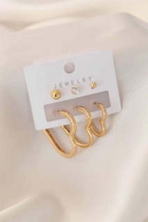 Earrings - Gold Color Heart Figure Zircon Stone Detail Women's Earring Set 100327612 - Turkey