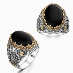 Onyx Stone Rings - Black Onyx Stone Zircon Embroidered Silver Ring 100346428 - Turkey