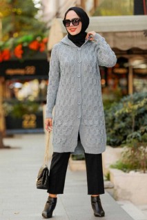 Cardigan - Grey Hijab Knitwear Cardigan 100338959 - Turkey