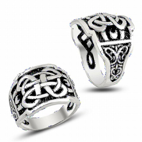 Stoneless Rings - Ottoman Patterned Silver Men's Ring Without Stone 100349043 - Turkey