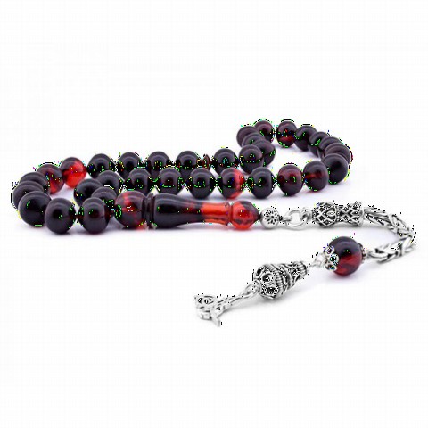 Men - Red Tugra Tassel Detailed Spinned Amber Rosary 100349442 - Turkey